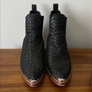 Black Woven Leather Ankle Boots with Silver Detail